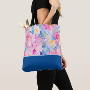 Bolso De Tela Flores abstractas de acuarela rosadas y azules Blo