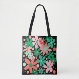 Bolso De Tela Flores abstractas en tote verde, coral y rosa.