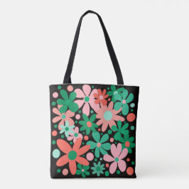 Bolso De Tela Flores abstractas en tote verde, coral y rosa.