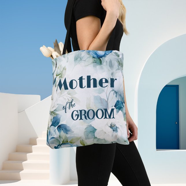 Bolso De Tela Flores Acuarela Teal Elegante Boda (Elegant wedding tote bag featuring watercolor flowers in blue teal with white - mother of the groom)