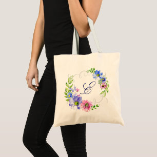 Bolso De Tela Flores acuarelas con monograma