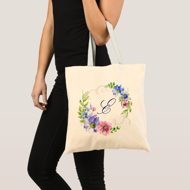 Bolso De Tela Flores acuarelas con monograma (Anverso (producto))