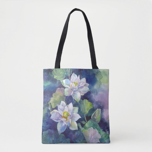 Bolso De Tela Flores acuarelas flores de lotos blancos ilustraci (Anverso)