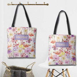 Bolso De Tela Flores acuarelas románticas con nombre y cita pers