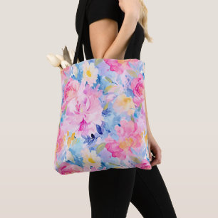 Bolso De Tela Flores acuáticas abstradas rosas y azules