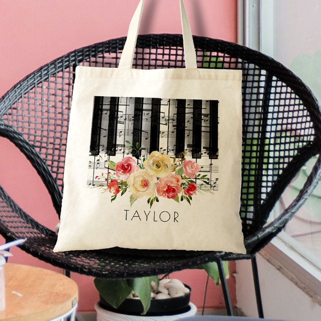 Bolso De Tela flores acuáticas de piano de música (Subido por el creador)