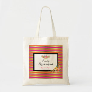 Bolso De Tela Flores acuáticas en rayas rosadas de Naranja y oro