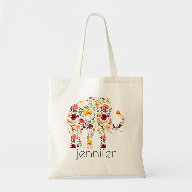 Bolso De Tela Flores acuáticas ilustracion elefante (Frente)