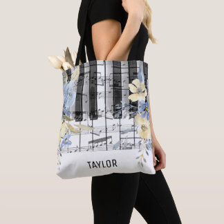 Bolso De Tela flores amarillas azules notas musicales piano