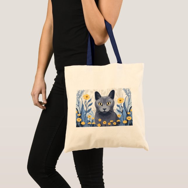 Bolso De Tela Flores amarillas de gato azul ruso (Anverso (producto))