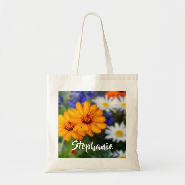 Bolso De Tela Flores amarillas florales con nombre personalizado (Frente)