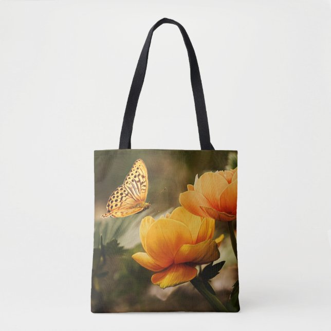 Bolso De Tela Flores amarillas profundas brillantes con mariposa (Anverso)