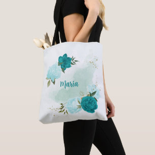 Bolso De Tela flores azul turquesa