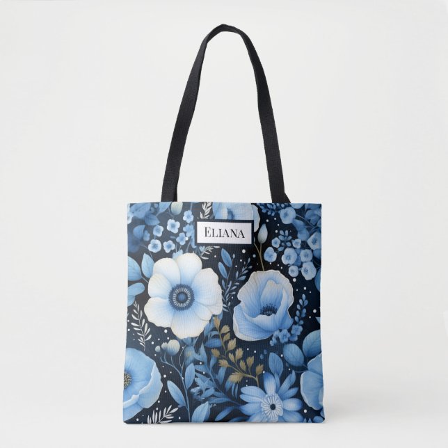 Bolso De Tela Flores azules acuarela con tu nombre | (Anverso)