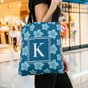 Bolso De Tela Flores Azules En Monograma De Fondo Azul