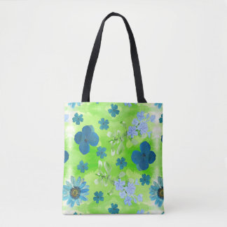 Bolso De Tela Flores azules en verde animo