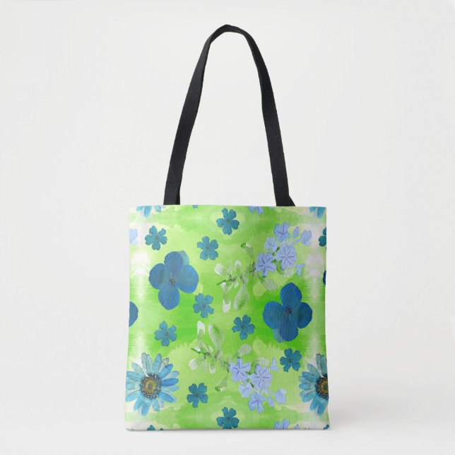 Bolso De Tela Flores azules en verde animo (Anverso)