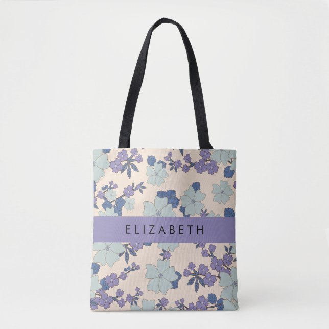 Bolso De Tela Flores azules, flores moradas, flores, tu nombre (Anverso)