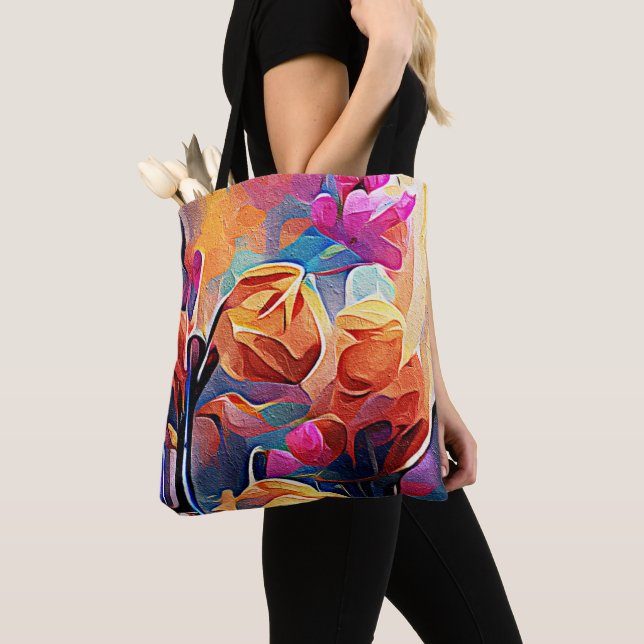 Bolso De Tela Flores azules rojas Naranja de arte Abstracto flor (Detalle)