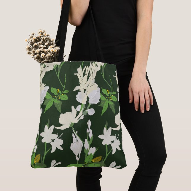 Bolso De Tela Flores blancas 1 verde oscuro (Detalle)