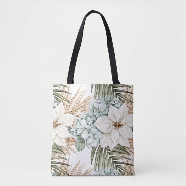 Bolso De Tela Flores Blancas Azules Tropicales   (Anverso)