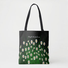 Bolso De Tela Flores blancas en negro con nombre