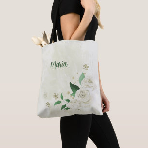 Bolso De Tela flores blancas marfil verde