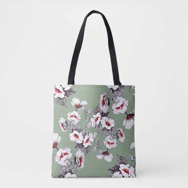 Bolso De Tela Flores blancas rojas sin foco: decoración verde (Anverso)