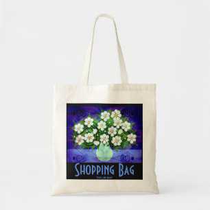 Bolso De Tela Flores blancas, tote verde del florero