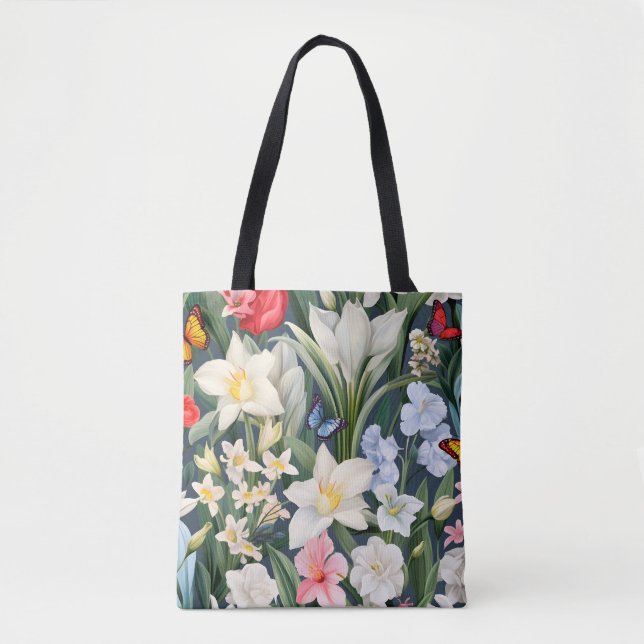 Bolso De Tela Flores blancas y mariposas (Anverso)