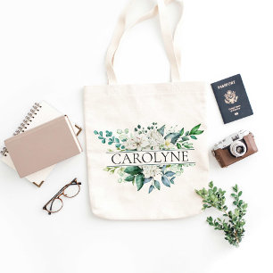 Bolso De Tela Flores blancas y verde nombre personalizado de la 