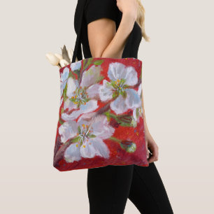 Bolso De Tela Flores blancos del árbol en el tote rojo del fond