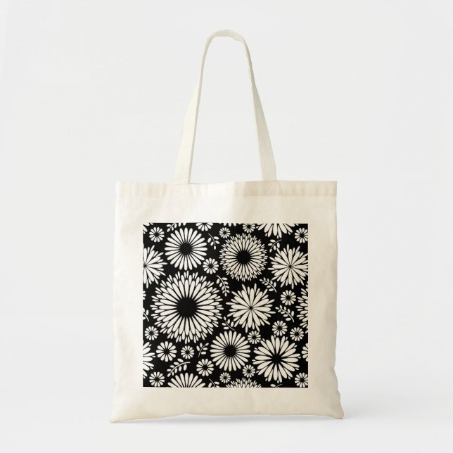 Bolso De Tela Flores Boho Patrón floral vectorial negro y blanco (Frente)