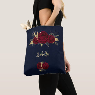 Bolso De Tela flores borgoñosas hojas de oro