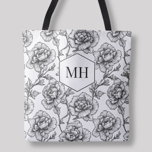 Bolso De Tela Flores Botánicas Elegantes de Monograma Negro (Black Monogram Floral Elegant Botanical Flowers Tote Bag)
