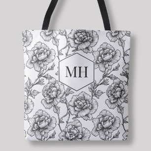 Bolso De Tela Flores Botánicas Elegantes Florales Monograma Negr