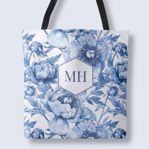 Bolso De Tela Flores Botánicas Florales de Monograma Azul Elegan