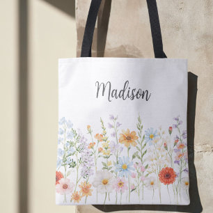 Bolso De Tela Flores Botánicas Florales Silvestres de Acuarela c