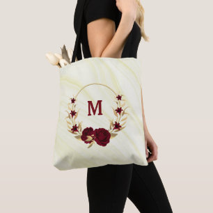Bolso De Tela flores burdeos hojas de oro de mármol