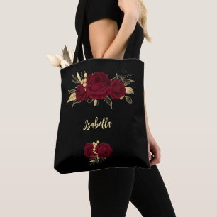 Bolso De Tela flores burdeos hojas de oro negro