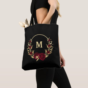 Bolso De Tela flores burdeos hojas de oro negro