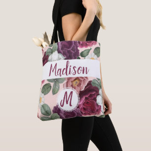 Bolso De Tela Flores Burgundy Elegantes Monograma Inicial de Mod