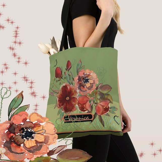 Bolso De Tela Flores caídas sobre fondo verde (Fall floral green Tote bag )