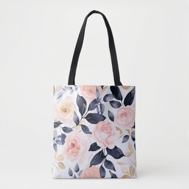 Bolso De Tela Flores Chic Azul Rosa (Anverso)