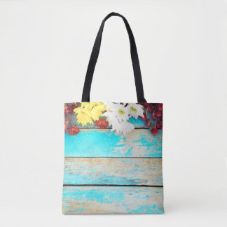 Bolso De Tela Flores coloridas, bordes de madera vintage.