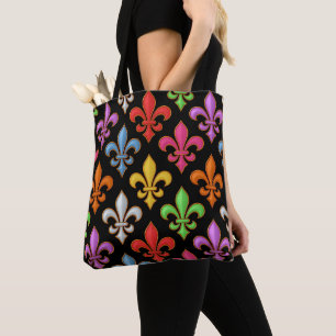 Bolso De Tela Flores Coloridas y Negras Fleur-de-lis en Negativo
