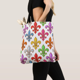 Bolso De Tela Flores Coloridas y Negritas Fleur-de-lis Blancas
