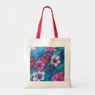 BOLSO DE TELA FLORES COLORIDOS ROJOS DE COLORIDO BLANCO EN AZUL
