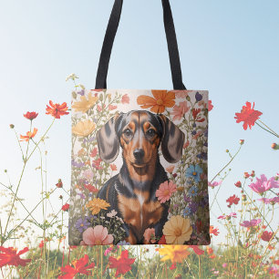 Bolso De Tela Flores Cute Brown Dachshund Y Cosmos
