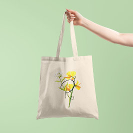 Bolso De Tela Flores de acuarela amarillas con tu inicial 1 lado